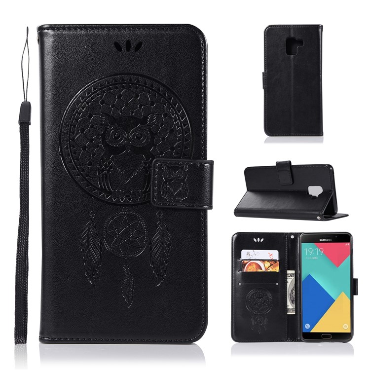 Imprint Owl Dream Catcher Wallet Leather Case for Samsung Galaxy A8+ (2018) - Black-1