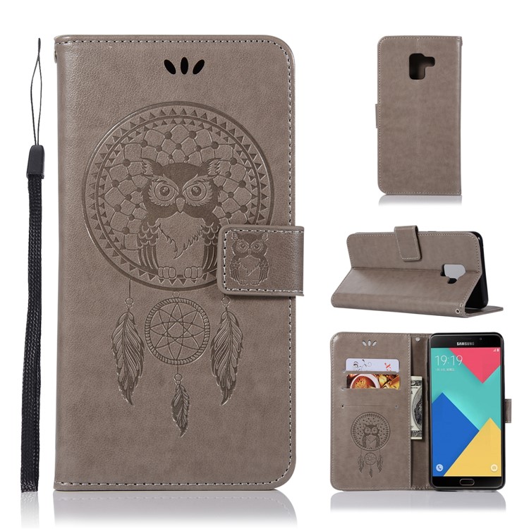 Imprint Owl Dream Catcher Wallet Leather Cover for Samsung Galaxy A8+ (2018) - Grey-1