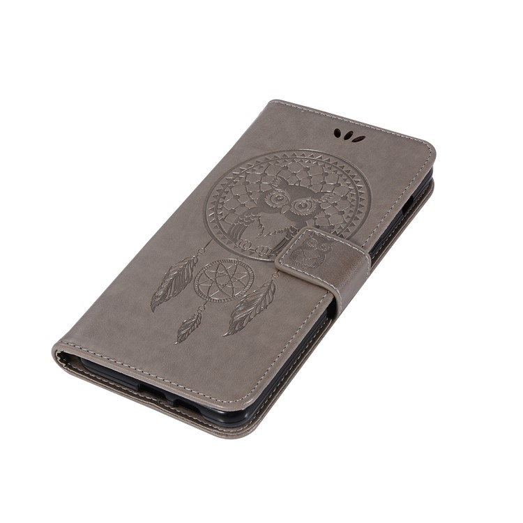 Imprint Owl Dream Catcher Wallet Leather Cover for Samsung Galaxy A8+ (2018) - Grey-7