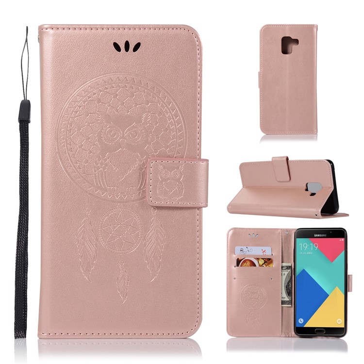 Imprint Owl Dream Catcher Wallet Leather Shell for Samsung Galaxy A8+ (2018) - Rose Gold-1