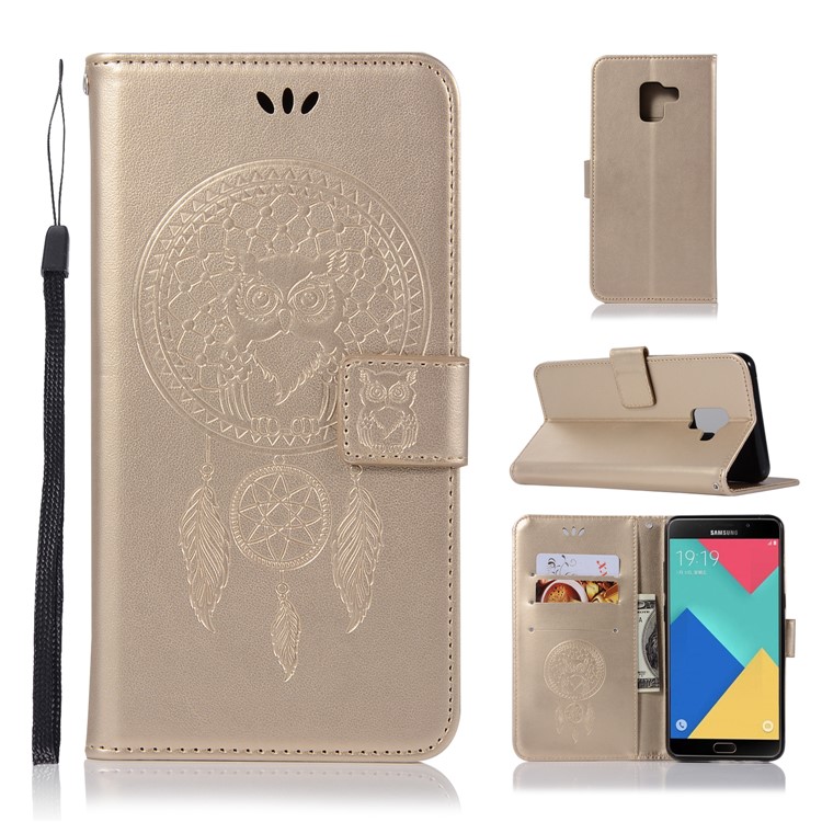 Imprint Owl Dream Catcher Wallet Leather Phone Case for Samsung Galaxy A8+ (2018) - Gold-1