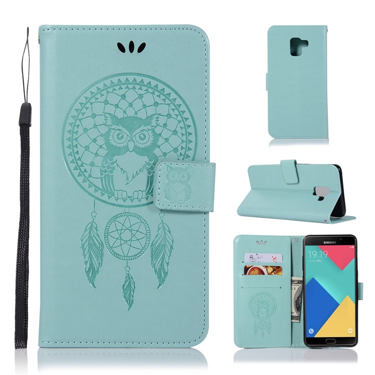 Imprint Owl Dream Catcher PU Leather Phone Cover for Samsung Galaxy A8+ (2018) - Cyan-1