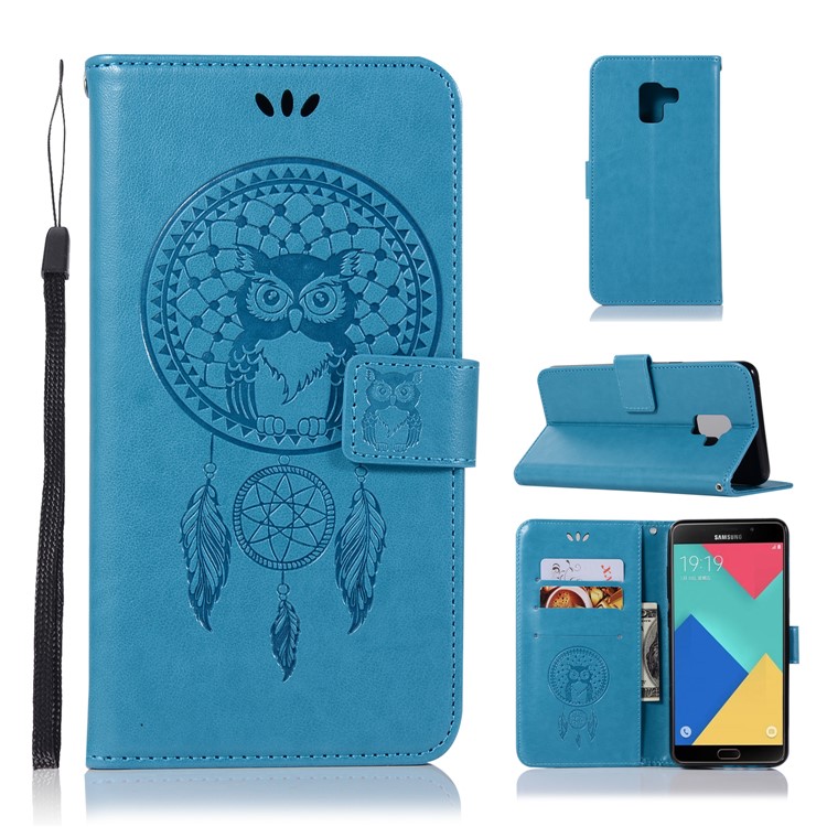 Imprint Owl Dream Catcher Wallet Leather Mobile Case for Samsung Galaxy A8+ (2018) - Blue-1