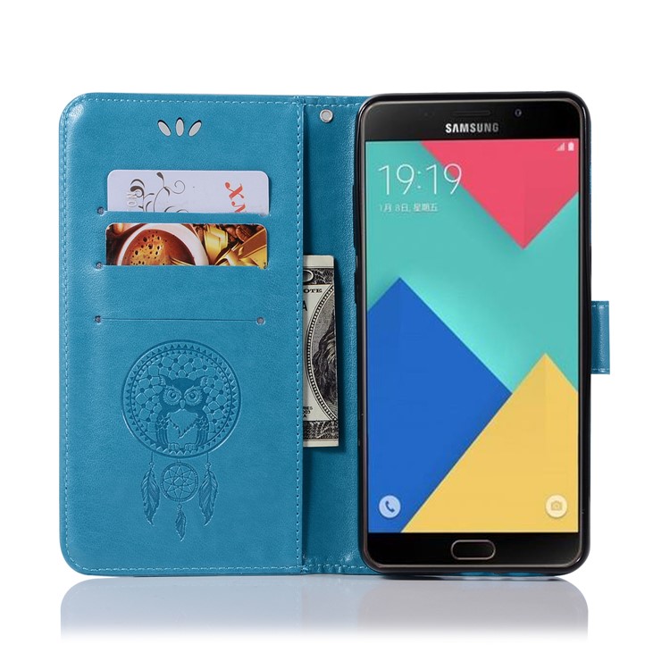 Imprint Owl Dream Catcher Wallet Leather Mobile Case for Samsung Galaxy A8+ (2018) - Blue-4