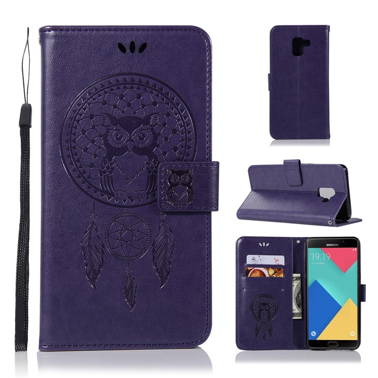 Imprint Owl Dream Catcher Wallet Leather Mobile Casing for Samsung Galaxy A8+ (2018) - Purple-1