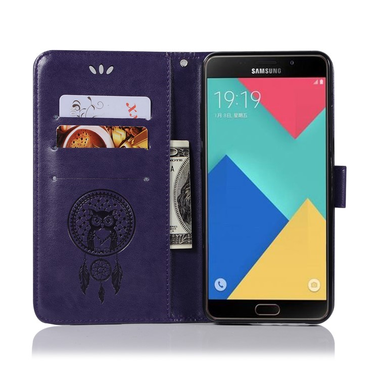 Imprint Owl Dream Catcher Wallet Leather Mobile Casing for Samsung Galaxy A8+ (2018) - Purple-4