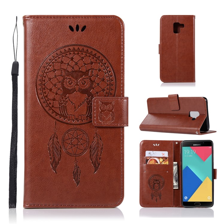 Imprint Owl Dream Catcher Wallet Leather Case Accessory for Samsung Galaxy A8+ (2018) - Brown-1