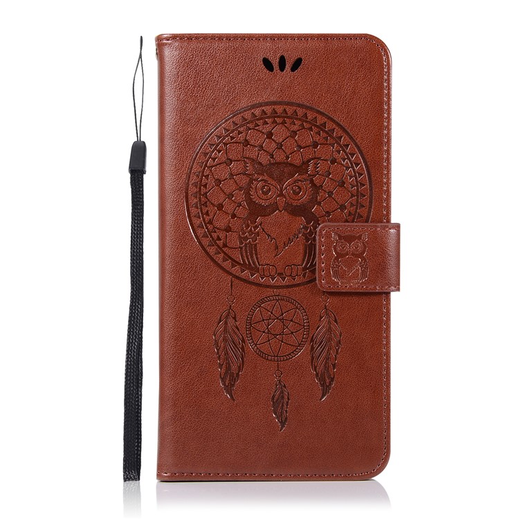 Imprint Owl Dream Catcher Wallet Leather Case Accessory for Samsung Galaxy A8+ (2018) - Brown-2