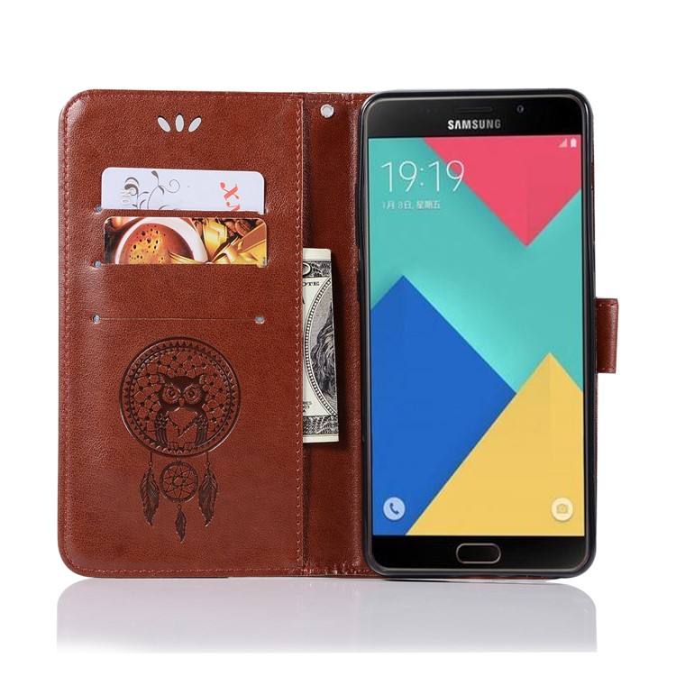 Imprint Owl Dream Catcher Wallet Leather Case Accessory for Samsung Galaxy A8+ (2018) - Brown-4
