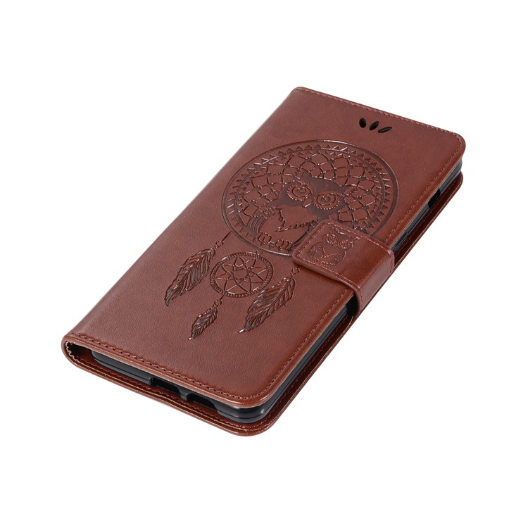 Imprint Owl Dream Catcher Wallet Leather Case Accessory for Samsung Galaxy A8+ (2018) - Brown-7