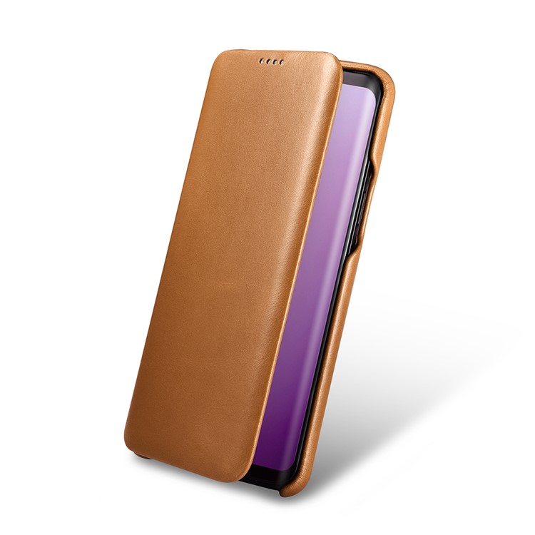 ICARER Curved Edge Vintage Genuine Leather Mobile Phone Shell for Samsung Galaxy S9 Plus SM-G965 - Khaki-10