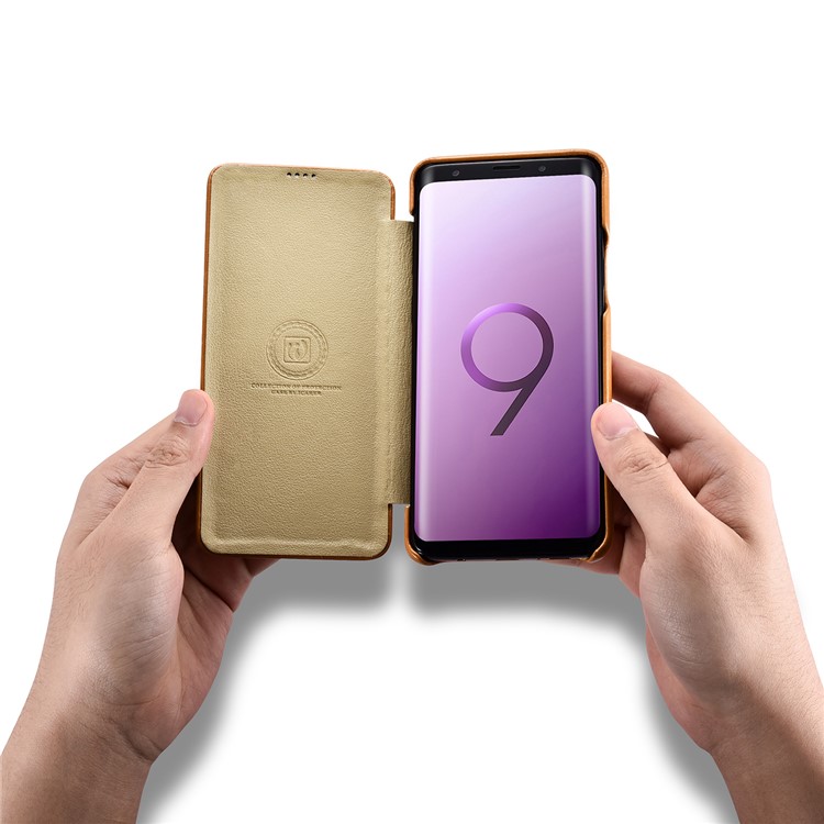 ICARER Curved Edge Vintage Genuine Leather Mobile Phone Shell for Samsung Galaxy S9 Plus SM-G965 - Khaki-13