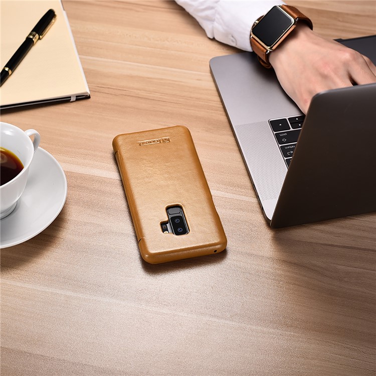ICARER Curved Edge Vintage Genuine Leather Mobile Phone Shell for Samsung Galaxy S9 Plus SM-G965 - Khaki-16