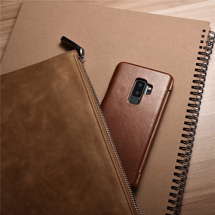 ICARER Curved Edge Vintage Genuine Leather Mobile Phone Shell for Samsung Galaxy S9 Plus SM-G965 - Khaki-17