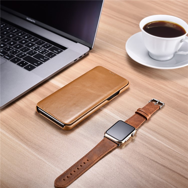 ICARER Curved Edge Vintage Genuine Leather Mobile Phone Shell for Samsung Galaxy S9 Plus SM-G965 - Khaki-18