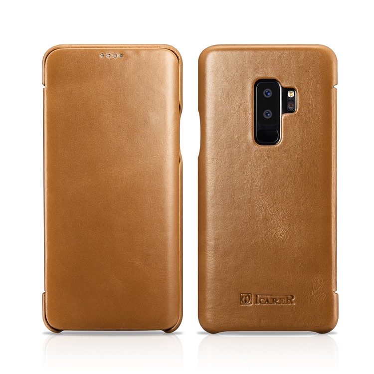 ICARER Curved Edge Vintage Genuine Leather Mobile Phone Shell for Samsung Galaxy S9 Plus SM-G965 - Khaki-2