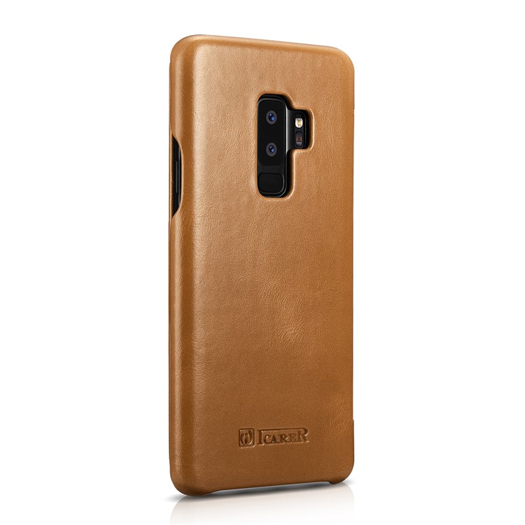 ICARER Curved Edge Vintage Genuine Leather Mobile Phone Shell for Samsung Galaxy S9 Plus SM-G965 - Khaki-4