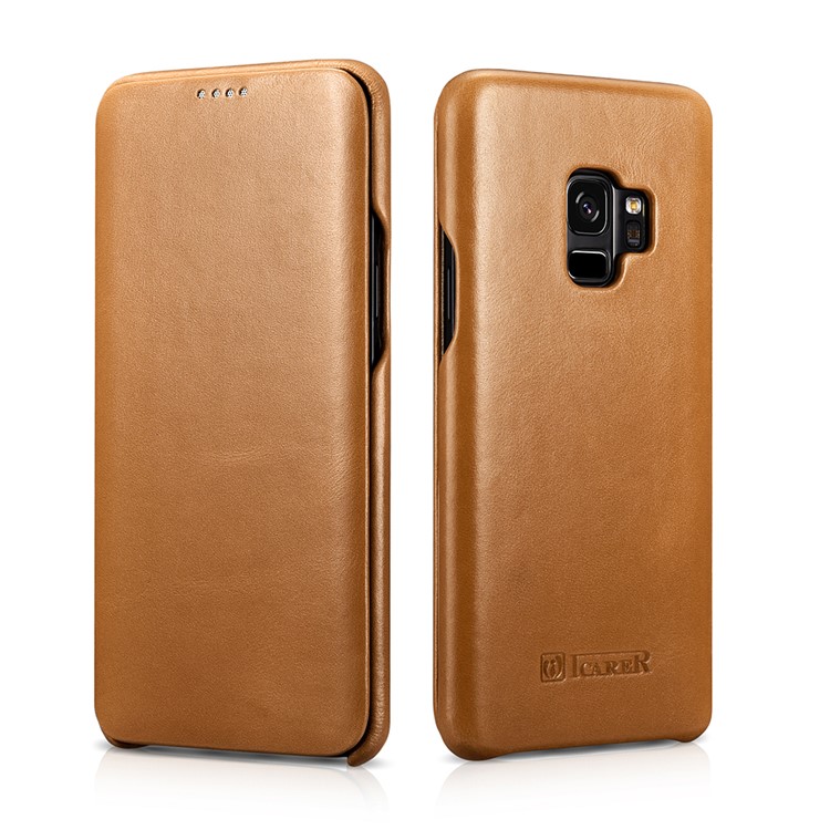 ICARER Curved Edge Vintage Genuine Leather Protective Cover for Samsung Galaxy S9 G960 - Khaki-1