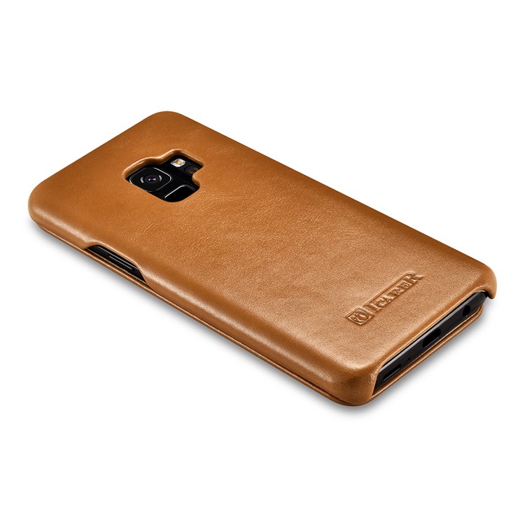 ICARER Curved Edge Vintage Genuine Leather Protective Cover for Samsung Galaxy S9 G960 - Khaki-10