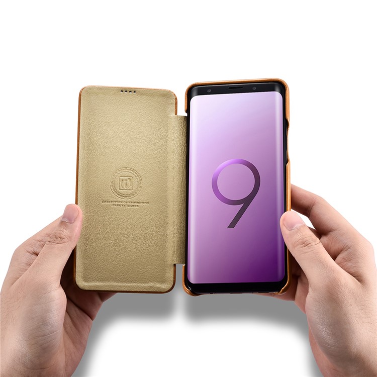 ICARER Curved Edge Vintage Genuine Leather Protective Cover for Samsung Galaxy S9 G960 - Khaki-14