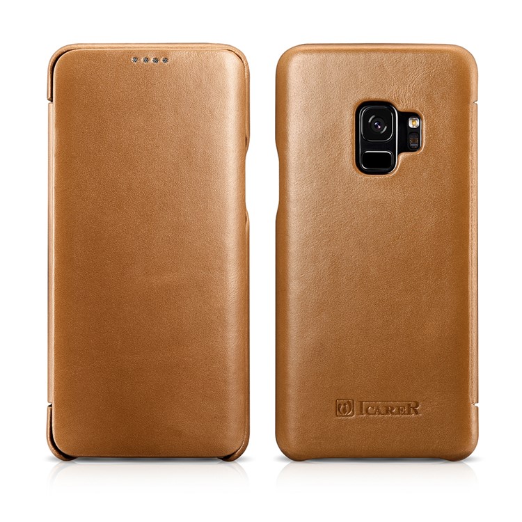 ICARER Curved Edge Vintage Genuine Leather Protective Cover for Samsung Galaxy S9 G960 - Khaki-2