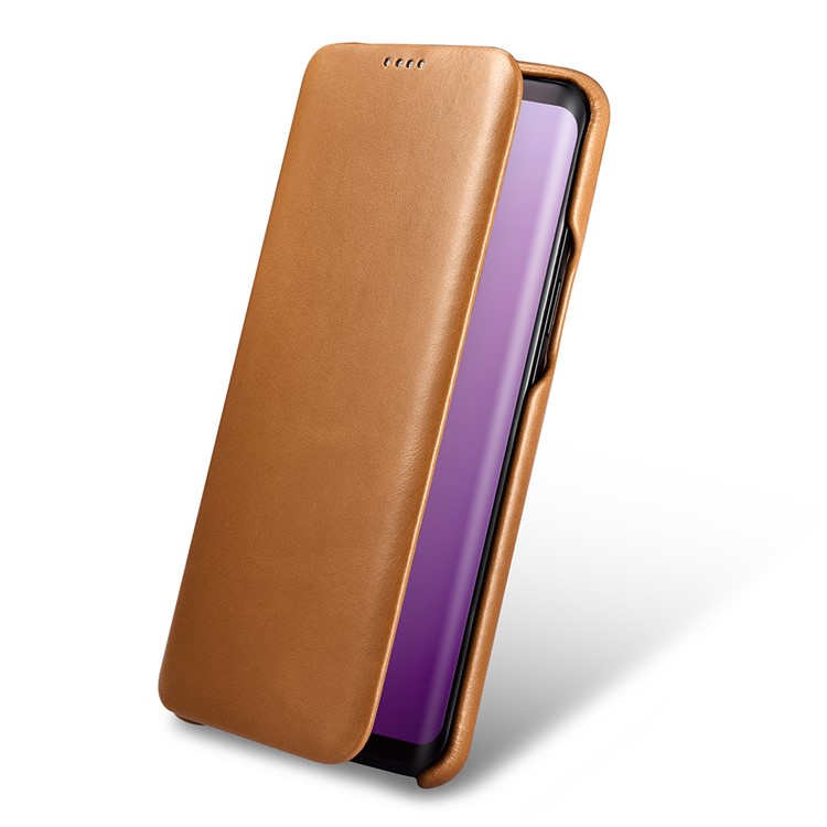 ICARER Curved Edge Vintage Genuine Leather Protective Cover for Samsung Galaxy S9 G960 - Khaki-8