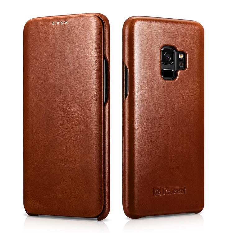 ICARER Curved Edge Vintage Genuine Leather Flip Mobile Phone Cover for Samsung Galaxy S9 G960 - Brown-1