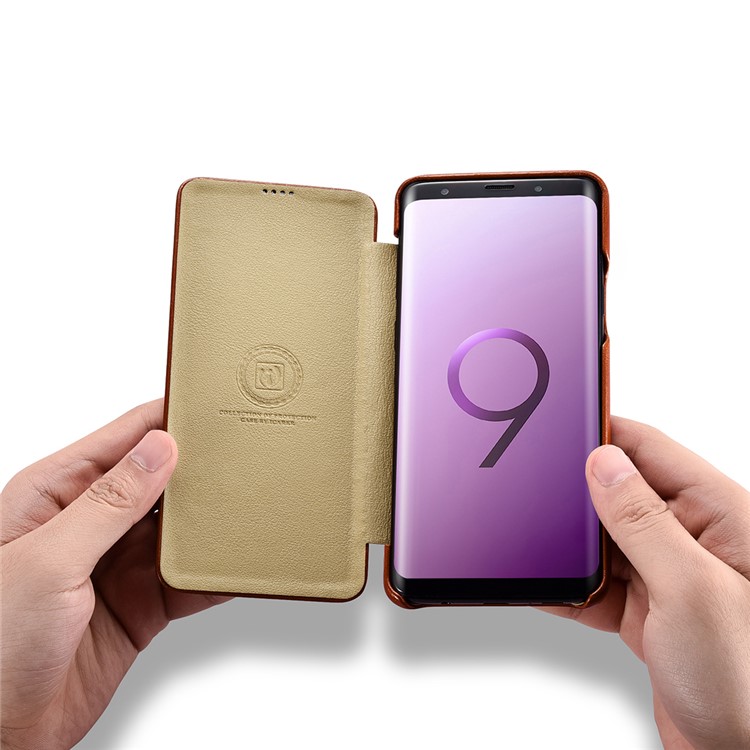 ICARER Curved Edge Vintage Genuine Leather Flip Mobile Phone Cover for Samsung Galaxy S9 G960 - Brown-14