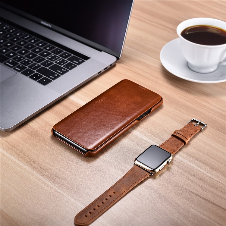 ICARER Curved Edge Vintage Genuine Leather Flip Mobile Phone Cover for Samsung Galaxy S9 G960 - Brown-16