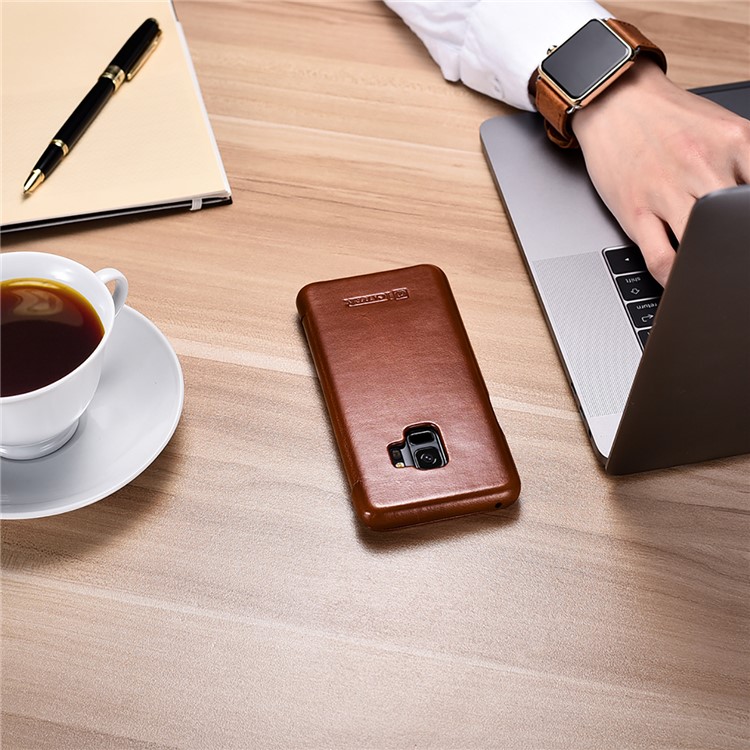 ICARER Curved Edge Vintage Genuine Leather Flip Mobile Phone Cover for Samsung Galaxy S9 G960 - Brown-17