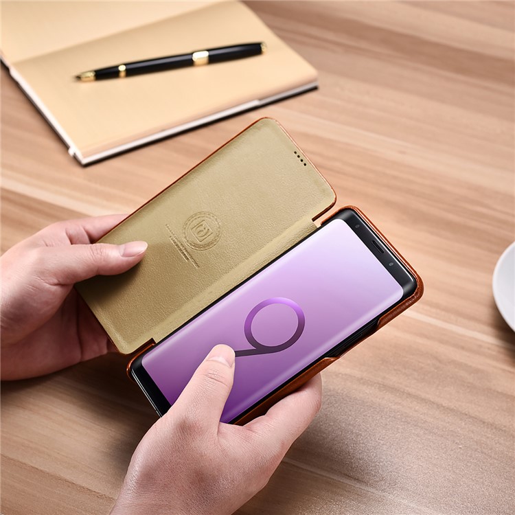 ICARER Curved Edge Vintage Genuine Leather Flip Mobile Phone Cover for Samsung Galaxy S9 G960 - Brown-19