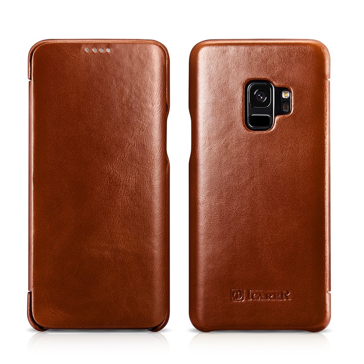 ICARER Curved Edge Vintage Genuine Leather Flip Mobile Phone Cover for Samsung Galaxy S9 G960 - Brown-2
