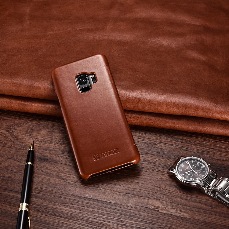 ICARER Curved Edge Vintage Genuine Leather Flip Mobile Phone Cover for Samsung Galaxy S9 G960 - Brown-21