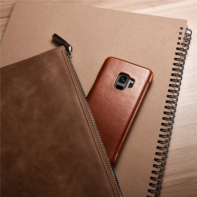 ICARER Curved Edge Vintage Genuine Leather Flip Mobile Phone Cover for Samsung Galaxy S9 G960 - Brown-22