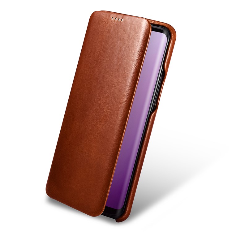 ICARER Curved Edge Vintage Genuine Leather Flip Mobile Phone Cover for Samsung Galaxy S9 G960 - Brown-8