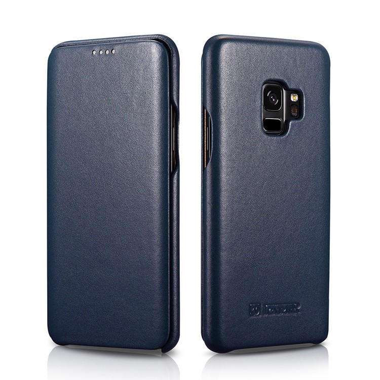 ICARER Curved Edge Vintage Genuine Leather Cover for Samsung Galaxy S9 SM-G960 - Dark Blue-1