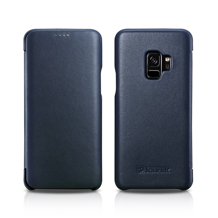 ICARER Curved Edge Vintage Genuine Leather Cover for Samsung Galaxy S9 SM-G960 - Dark Blue-2