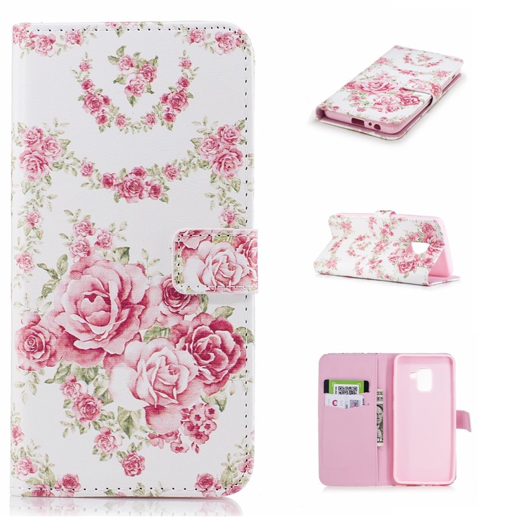 Embossed Pattern Leather Wallet Stand Cover for Samsung Galaxy A8 (2018) - Blooming Peonies-1