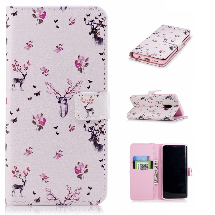 Embossed Pattern Leather Wallet Phone Shell for Samsung Galaxy S9 G960 - Deer and Flowers-1