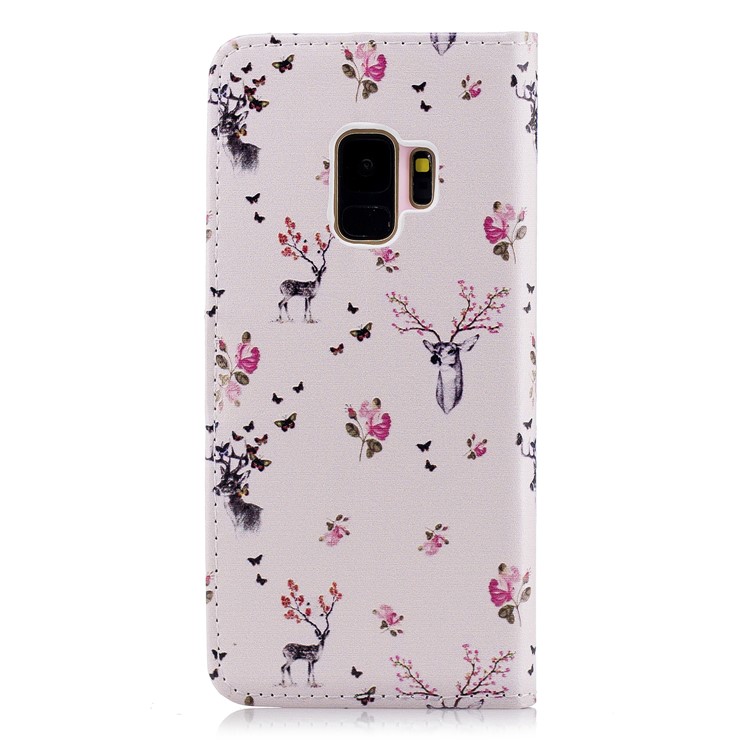 Embossed Pattern Leather Wallet Phone Shell for Samsung Galaxy S9 G960 - Deer and Flowers-3