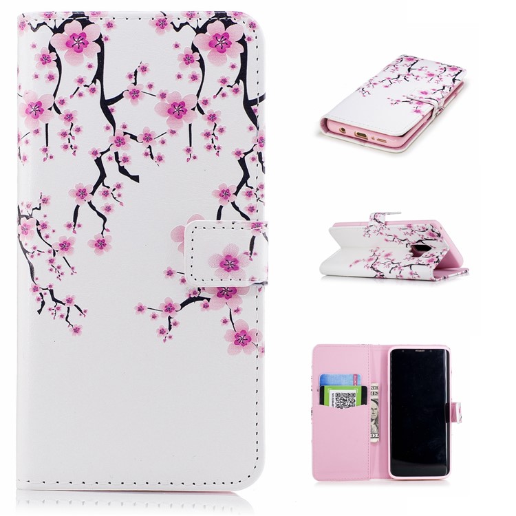 Embossed Pattern Leather Wallet Stand Mobile Phone Case for Samsung Galaxy S9 G960 - Plum Blossom-1