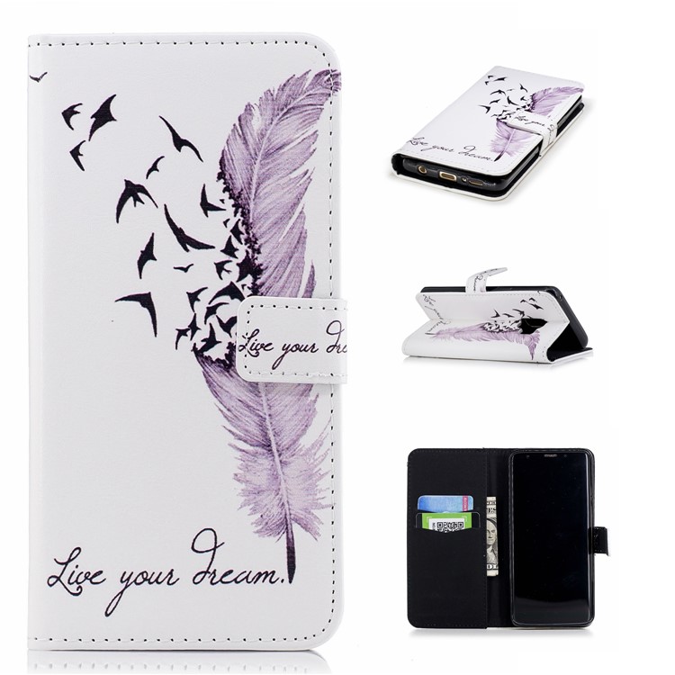 Embossed Pattern Leather Stand Wallet Mobile Cover for Samsung Galaxy S9 G960 - Feather and Birds-1