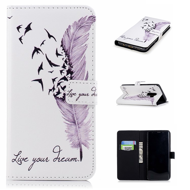 For Samsung Galaxy S9+ G965 Embossing Pattern Leather Stand Case with Stand - Feather and Birds-1
