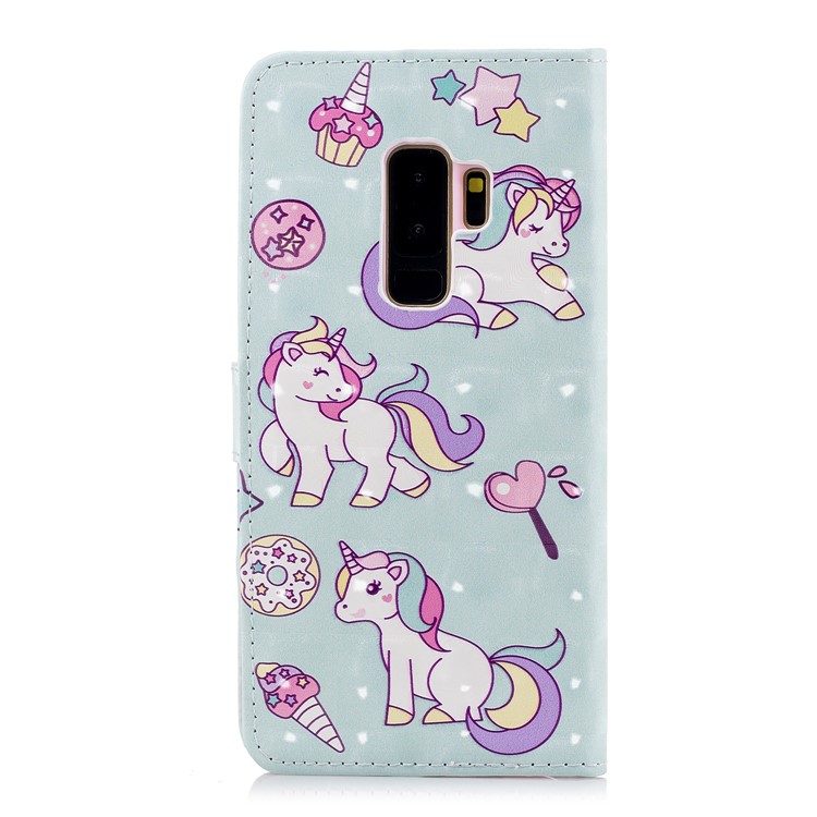 Patterned Rubberized Leather Wallet Flip Cover Shell for Samsung Galaxy S9+ G965 - Cute Unicorns-2