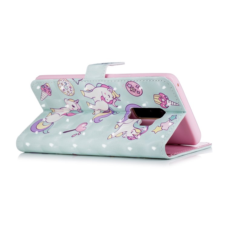 Patterned Rubberized Leather Wallet Flip Cover Shell for Samsung Galaxy S9+ G965 - Cute Unicorns-3