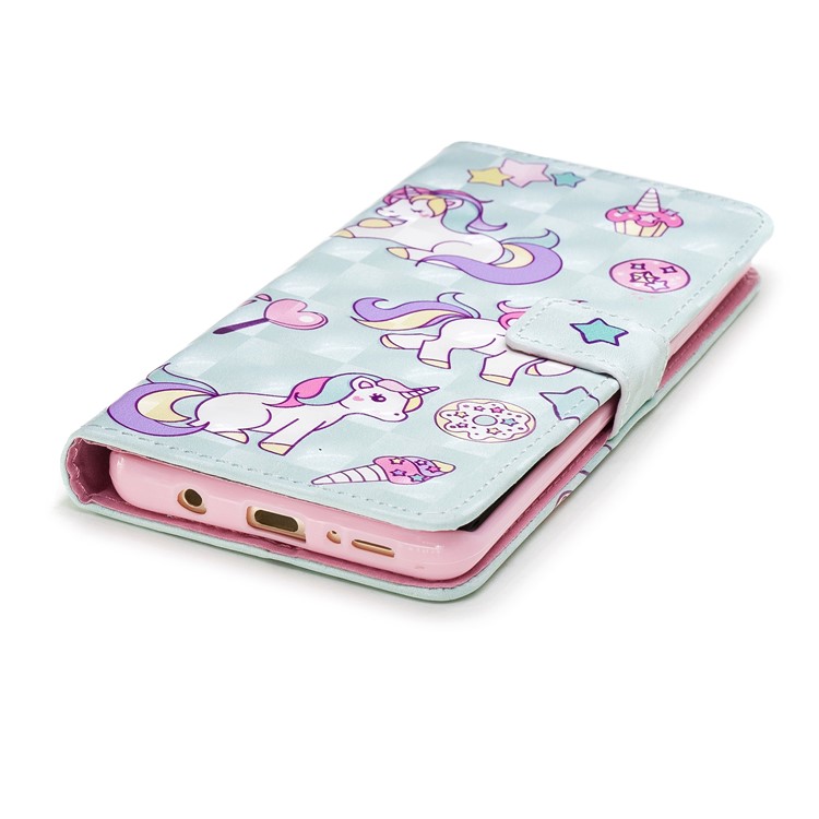 Patterned Rubberized Leather Wallet Flip Cover Shell for Samsung Galaxy S9+ G965 - Cute Unicorns-4