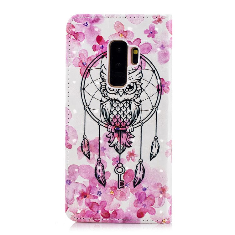 Patterned Rubberized Leather Wallet Protective Case for Samsung Galaxy S9+ G965 - Owl on Dream Catcher-2