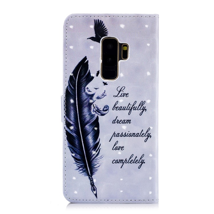 Patterned Rubberized Leather Wallet Phone Stand Case for Samsung Galaxy S9+ G965 - Feather with Words-2