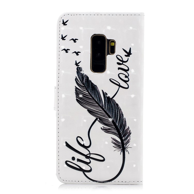 For Samsung Galaxy S9+ G965 Patterned Rubberized Leather Stand Wallet Cover - Feather-2