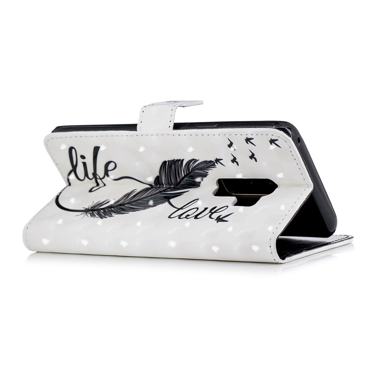 For Samsung Galaxy S9+ G965 Patterned Rubberized Leather Stand Wallet Cover - Feather-3